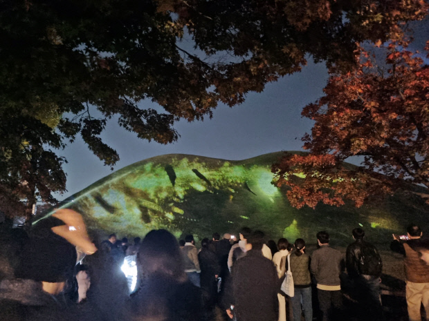 Viewers enjoying the media art projected onto the tomb